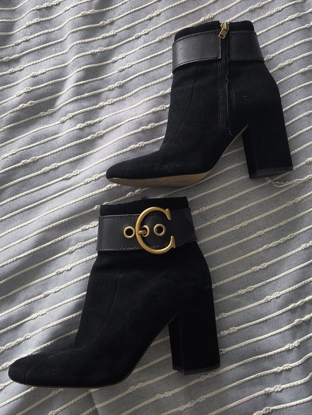Black Suede Block Heel Ankle Boots with Gold Buckle
